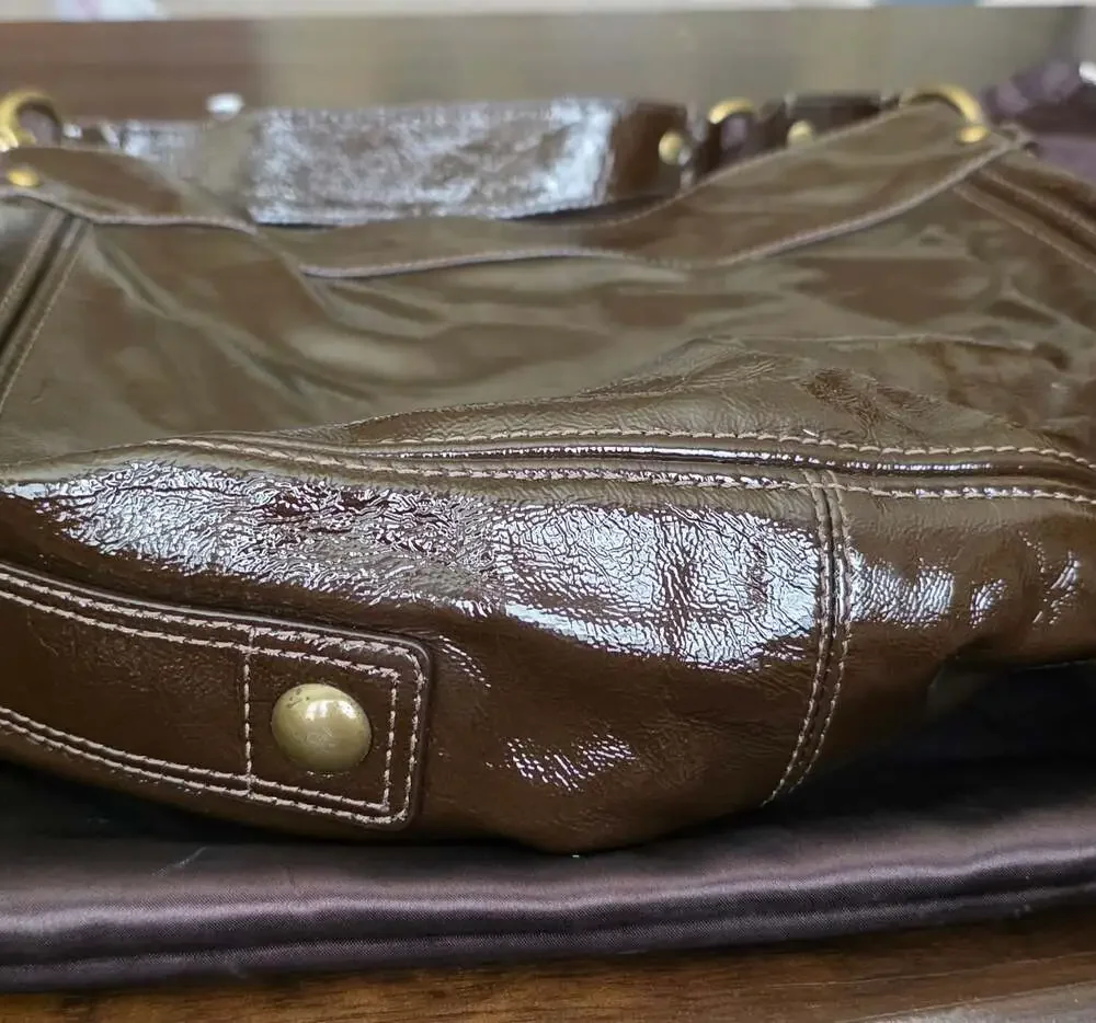 Coach Zoe Hobo Chocolate Brown Patent Leather Shoulder Bag 12776